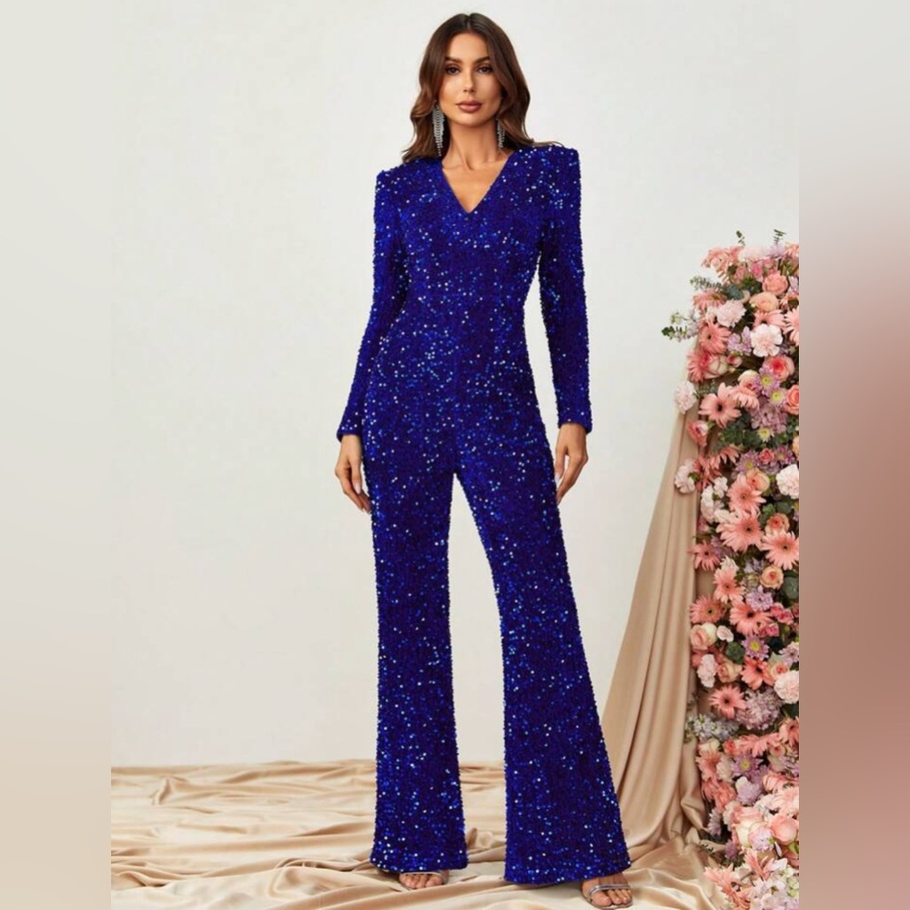 Shein V Neck Sequin Flare Leg Jumpsuit in Royal Blue